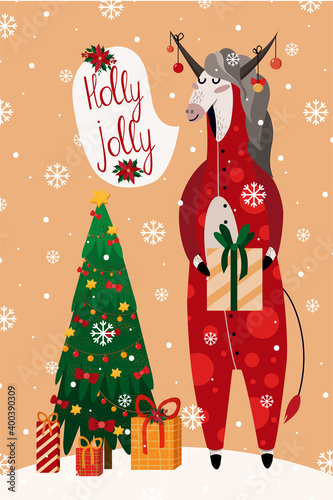 New Year card with the zodiac horse in red pajamas in the form of a bull for 2021. Vector illustration of a horse on a beige background with a Christmas tree
