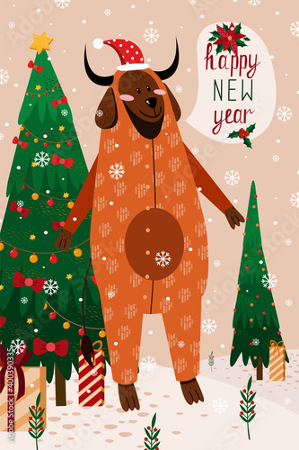 New Year card with zodiac dog in orange bull pajamas for 2021. Vector illustration of a dog on a beige background with a Christmas tree and gifts