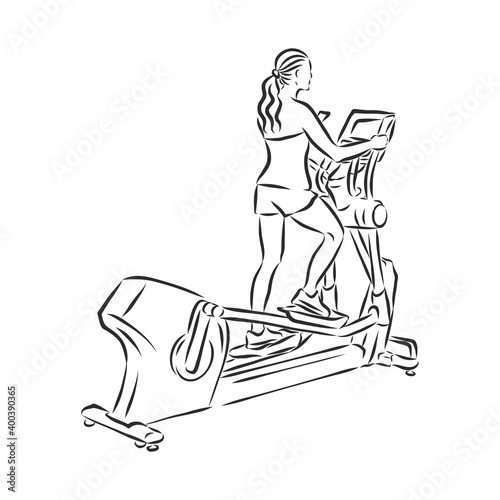 Hand drawn treadmill doodle. Sketch sports equipment and simulators, icon. Decoration element. Isolated on white background. Vector illustration.