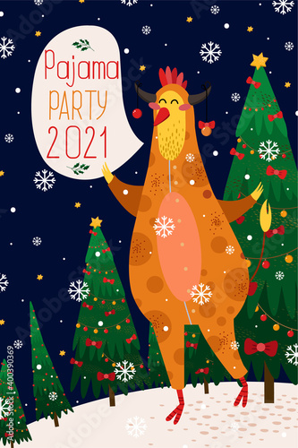 Christmas and New Year card with zodiac rooster in yellow bull-shaped pajamas for 2021. Vector illustration of a rooster on a dark blue background with stars, snowflakes, Christmas trees