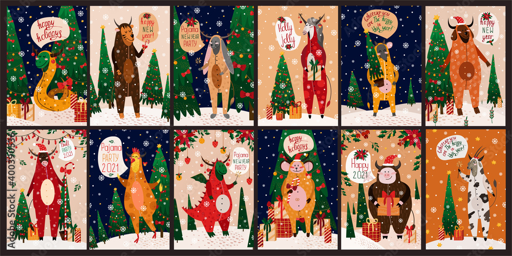 Obraz premium Big New Year vector set of 12 cards of 12 zodiacs in pajamas in the shape of a bull. Bull, goat, bunny, dog, snake, monkey, horse, rooster, tiger, dragon, pig, rat, Christmas trees, gifts, decorations