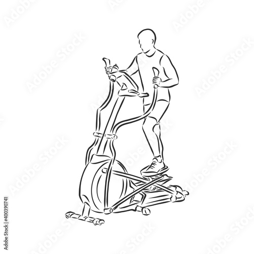 Hand drawn treadmill doodle. Sketch sports equipment and simulators, icon. Decoration element. Isolated on white background. Vector illustration.