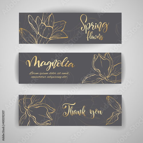 Floral baners. Hand drawn vector botanical illustration. Template greeting card, wedding invitation banner with spring flowers. Sketch linear magnolia blossom.Engraved style illustration.