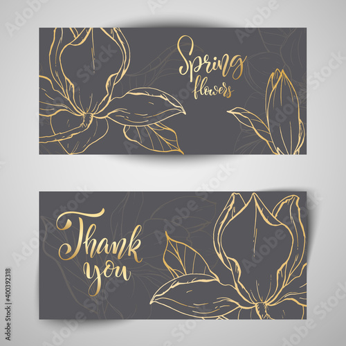 Floral baners. Hand drawn vector botanical illustration. Template greeting card, wedding invitation banner with spring flowers. Sketch linear magnolia blossom.Engraved style illustration.