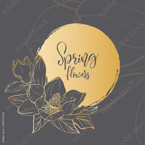 Floral background. Hand drawn vector botanical illustration. Template greeting card, wedding invitation banner with spring flowers. Sketch linear magnolia blossom. Engraved style illustration.