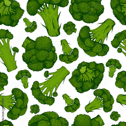 Fresh Juicy Green Broccoli colorful fresh Vegetable Seamless Pattern, isolated on white.