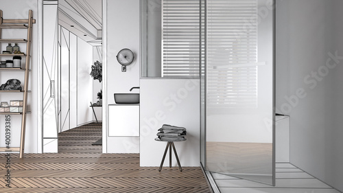 Blueprint project draft, sketch of minimalist bathroom with sink, large shower glass cabin, ladder shelves, herringbone parquet, window with blinds, interior design, custom furniture
