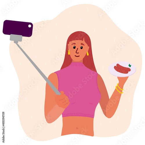 redheaded woman food blogger making photo selfie with with sausages for blog. Cute girl with smartphone camera. Social media Vector cartoon illustration