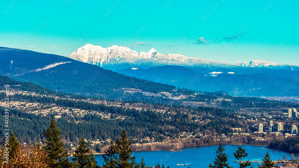 Burrard Inlet at Port Moody, BC, with alpine mountain backdrop - winter
