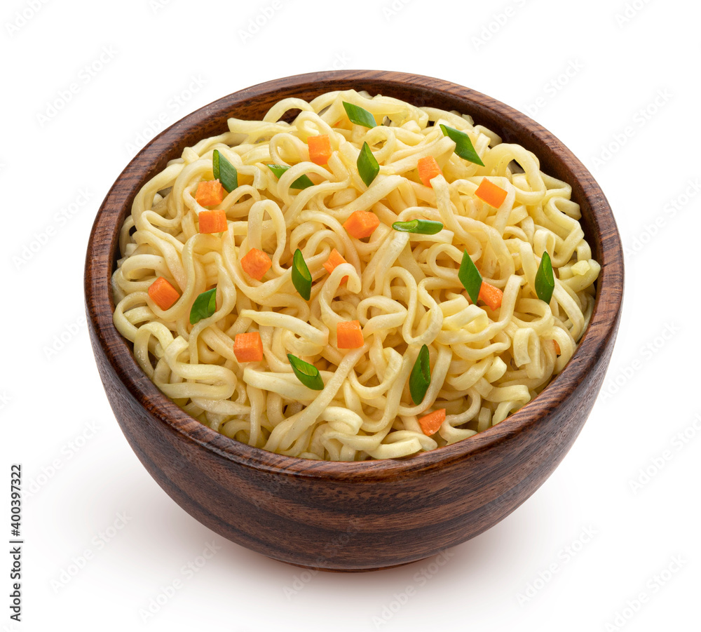 Wooden bowl of instant noodles isolated on white background Wooden bowl of instant noodles isolated on white background