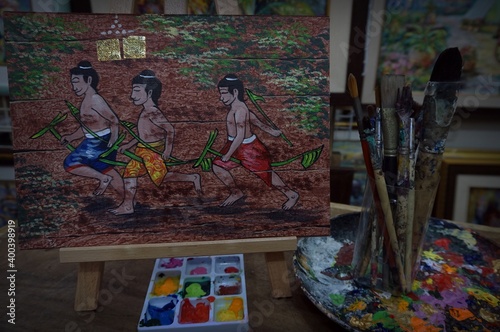      paint brushes, palette , decoration , Art painting oil color ,children playing From Thailand    