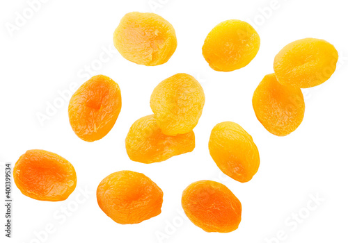 Dried apricots flying on a white background, levitating. Isolated