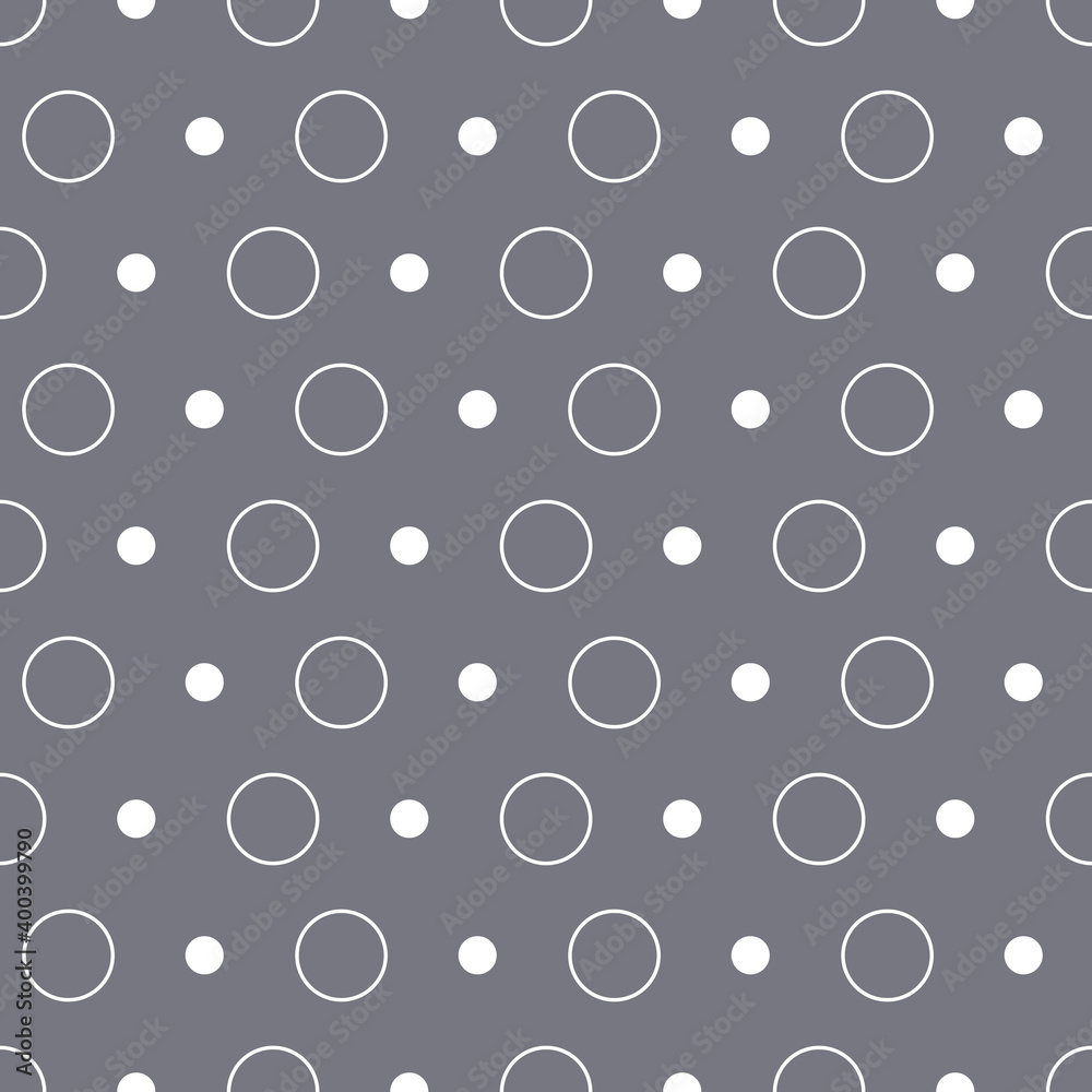 Classic circles and dots seamless repeat pattern. Hand-drawn dots and circles in different sizes on a dusty blue background, vector illustration.
