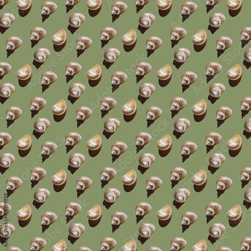 Seamless minimalistic seashell pattern on beige background. Photo collage. Pop Art. Postcard. Printing on fabric. Wrapping.