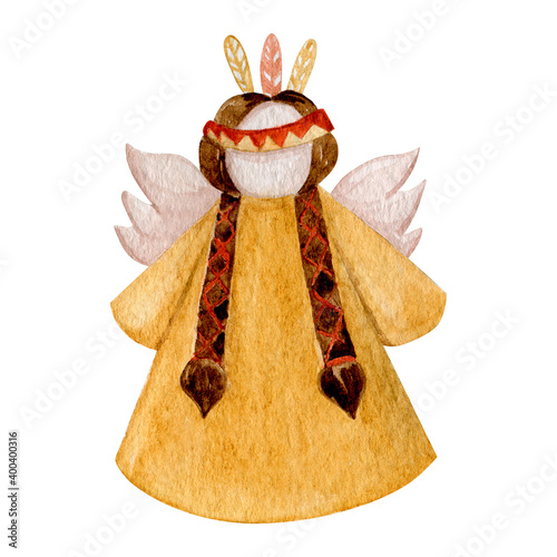 Indian woman angel watercolor illustration. Christmas tree doll decoration isolated on white background.