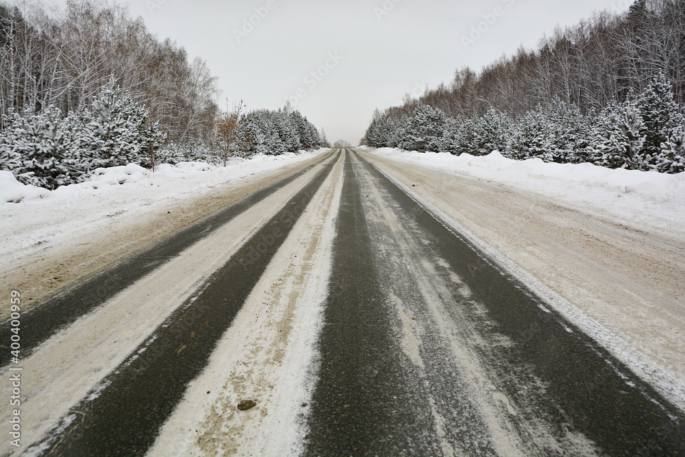 Snow-covered road in a pine forest Snow-covered road in a pine forest
