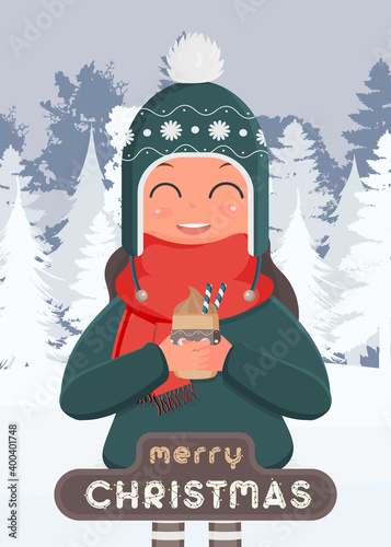 Merry christmas postcard. A girl in a snowy forest drinks a hot drink. A woman in warm winter clothes holds a cup in her hands. Vector illustration.