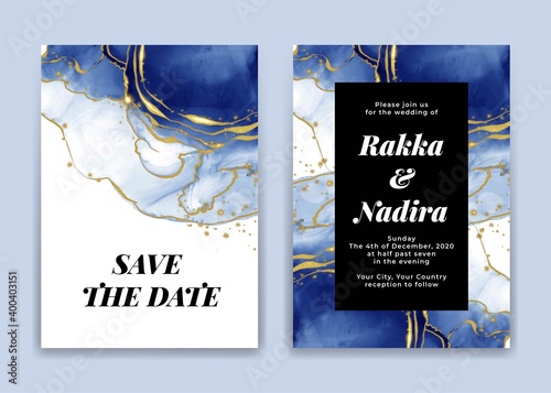 wedding invitation card with golden blue navy waves shapes