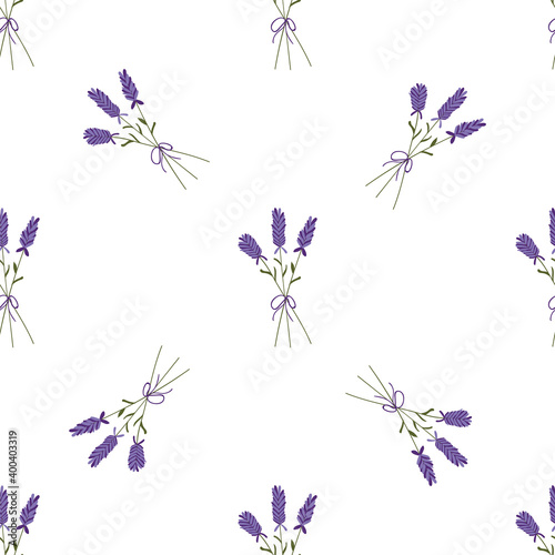 Lavender bouquet on a creme background seamless pattern.