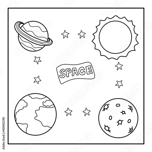 coloring page ,space concept Sun,Earth planet ,star,Saturn and Moon outline vector