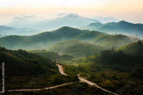 Beautiful landscape of mountain layer in the morning  at Noen Chang Suek peak at E-Thong village in Thong Pha Phum National Park, Kanchanaburi province, Thailand. photo