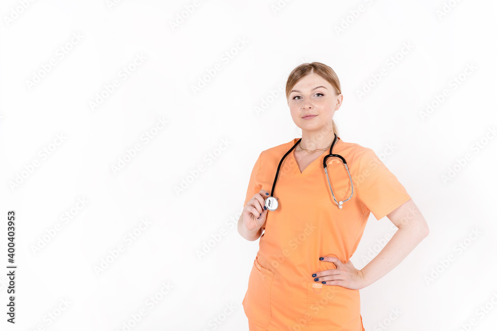 Smiling medical woman doctor with stethoscope. Isolated over white background Smiling medical woman doctor with stethoscope. Isolated over white background