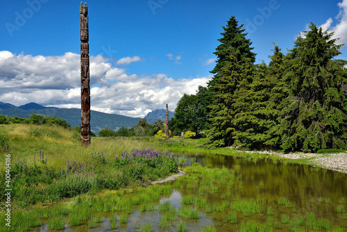 VANCOUVER, BC, CANADA, JUNE 03, 2019: First Nations totem poles in Museum of Anthropology at the University of British Columbia UBC campus in Vancouver photo