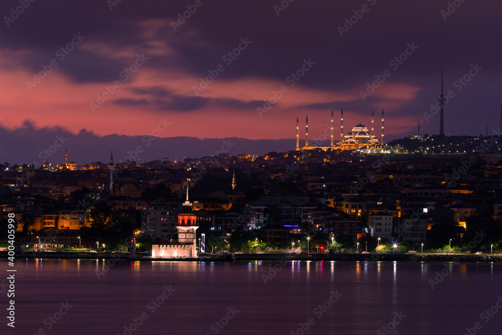Maidens Tower and Camlica Mosque in Istanbul, Turkey