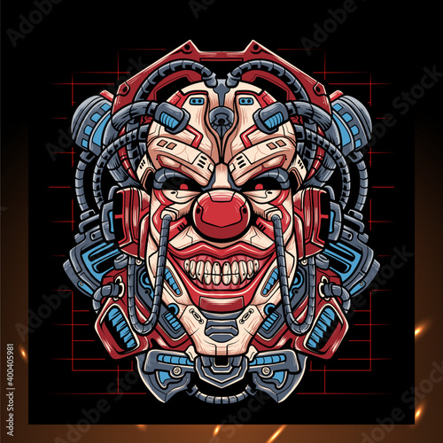 Clown head mecha robot mascot. esport logo design