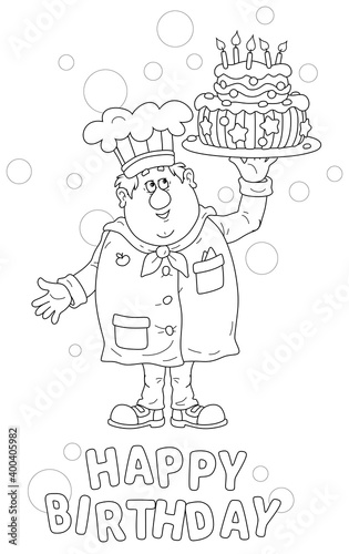 Greeting birthday card with a happy fat confectioner holding a round dish with a freshly baked fancy sweet cake decorated with candles and stars, black and white outline vector cartoon illustration