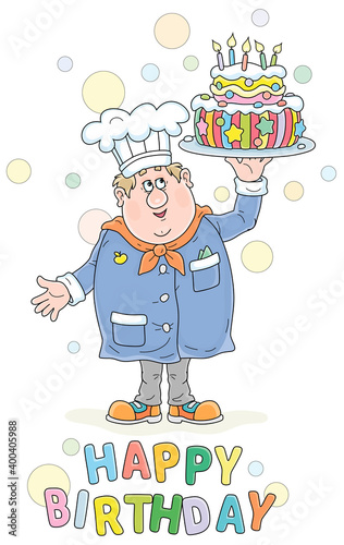 Greeting birthday card with a happy fat confectioner holding a round dish with a freshly baked fancy sweet cake decorated with multi colored candles and colorful stars, vector cartoon illustration