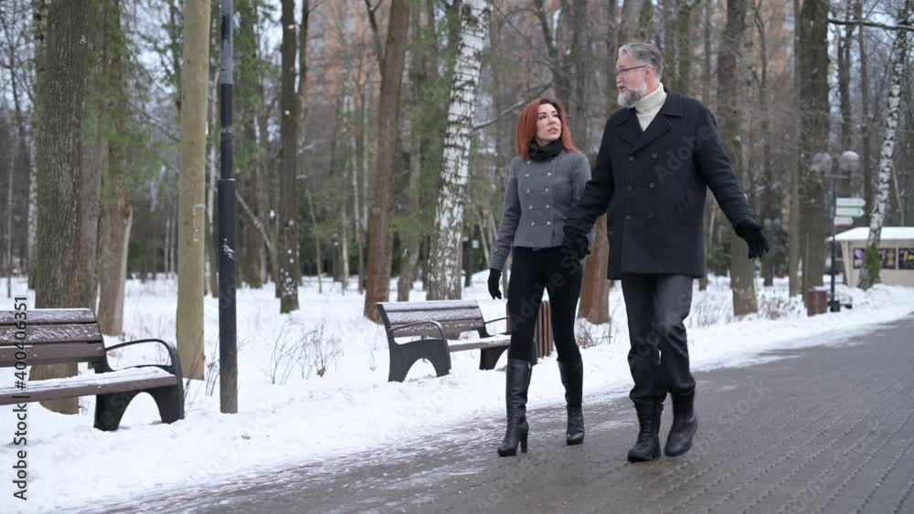 A gray-haired man and his wife are walking in the park on a winter day. Walking woman and her friend on a snowy day. A date in a park A gray-haired man and his wife are walking in the park on a winter day. Walking woman and her friend on a snowy day. A date in a park