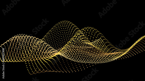 Sound wave from node. Gold interface big data flow. Copy space cover template. Vector swirl isolated flow.
