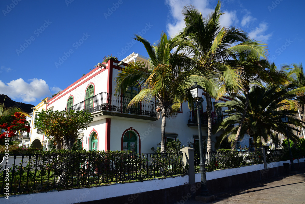 Bunte Häuser in Puerto de Mogan mit Palmen