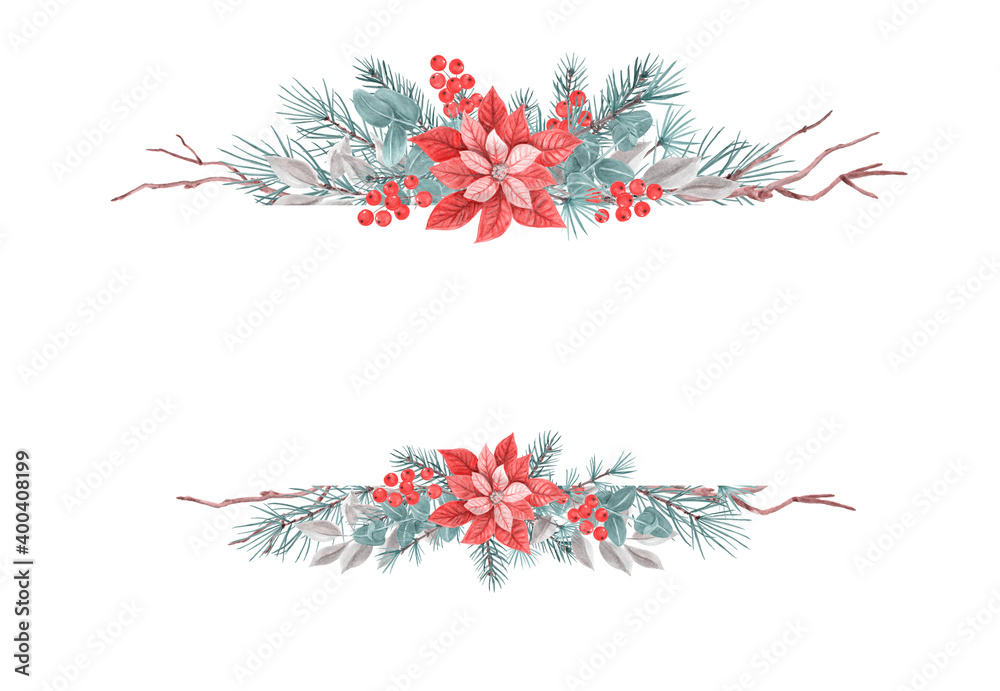Christmas banner with decorative ornament with poinsettia, greenery, spruce, pine tree twig and holly berries against background isolated on white background Christmas banner with decorative ornament with poinsettia, greenery, spruce, pine tree twig and holly berries against background isolated on white background