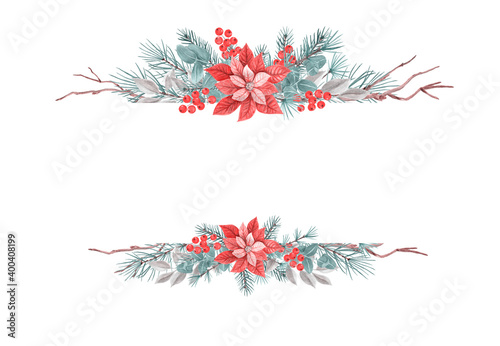 Christmas banner with decorative  ornament with poinsettia, greenery, spruce, pine tree twig and holly berries against background isolated on white background