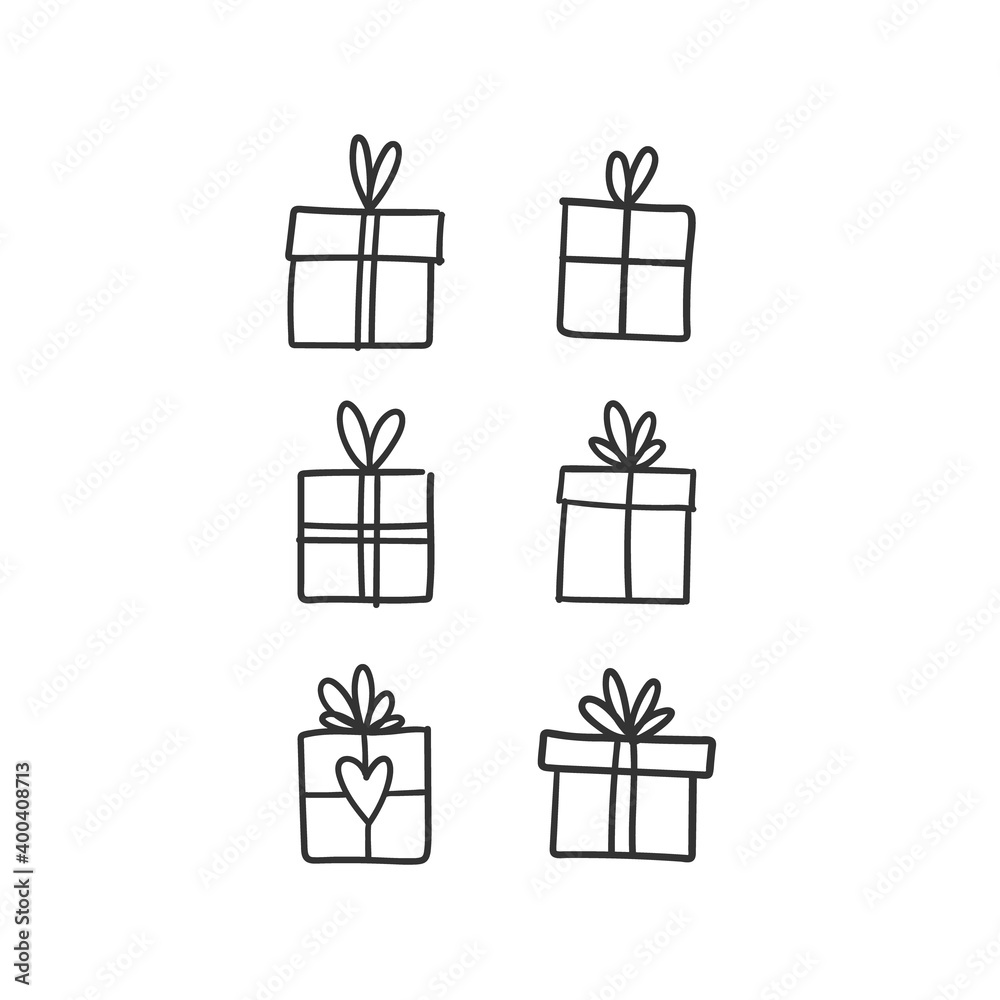 Hand drawn gifts collection. Present box with ribbons. Doodle illustrations. Christmas gift symbols. Hand drawn gifts collection. Present box with ribbons. Doodle illustrations. Christmas gift symbols.