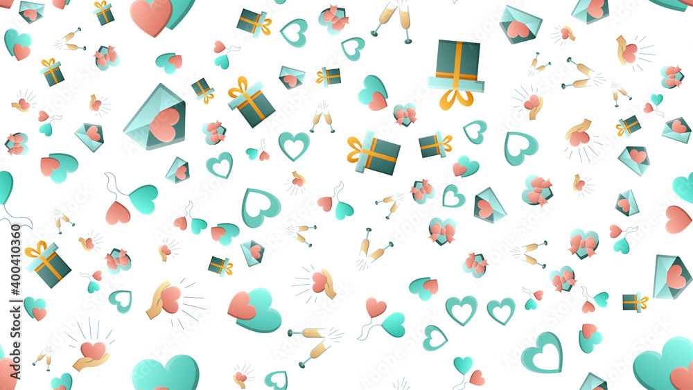 Endless seamless pattern of beautiful festive love joyful tender sets of heart items with magnifying glasses houses arrows and letters on a white background. illustration Endless seamless pattern of beautiful festive love joyful tender sets of heart items with magnifying glasses houses arrows and letters on a white background. illustration