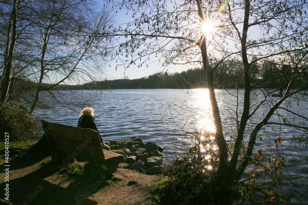 Panoramic view on lake with bare trees in winter with blonde woman sitting on bench, glittering reflection of sunrays on water, sunburst effect - Hariksee, Viersen, Germany Panoramic view on lake with bare trees in winter with blonde woman sitting on bench, glittering reflection of sunrays on water, sunburst effect - Hariksee, Viersen, Germany