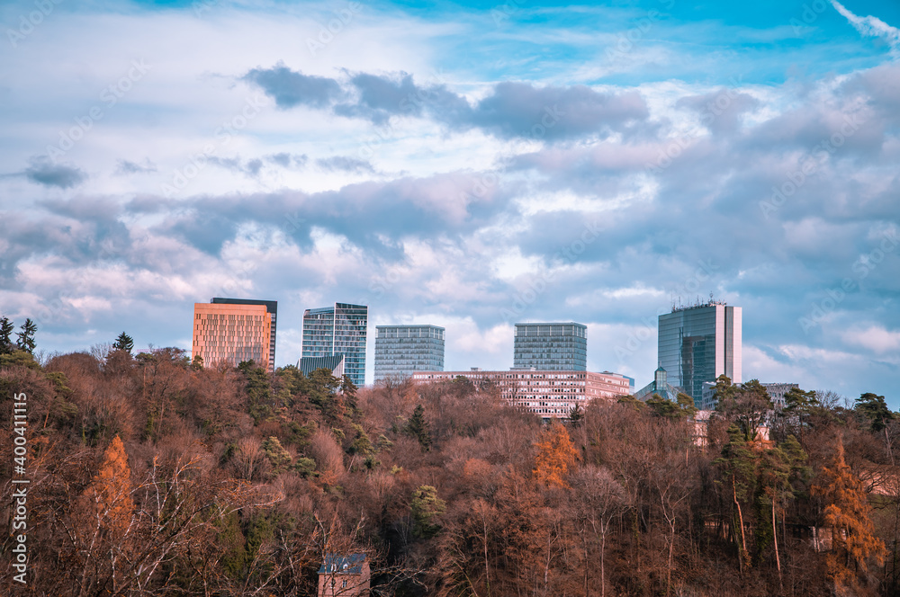 Panoramic view of the skyline of Kirchberg, Luxembourg with the European Court of Justice at sunset