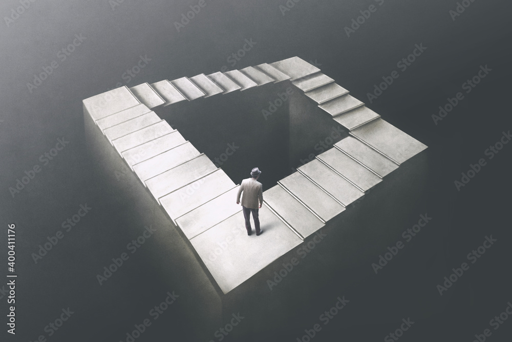 © fran_kie - Illustration of man rising Penrose stairs, surreal concept © fran_kie - Illustration of man rising Penrose stairs, surreal concept