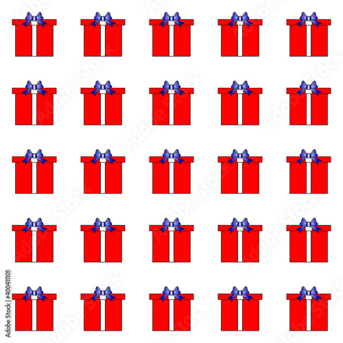 Seamless pattern of red gift boxes with blue ribbon bow on white background. Vector illustration.  on white background. Present seamless pattern on isolated white background.