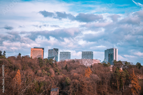 Panoramic view of the skyline of Kirchberg  Luxembourg with the European Court of Justice at sunset