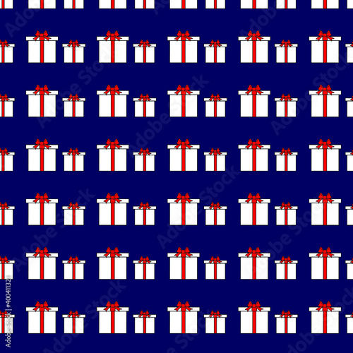 Seamless pattern of white gift boxes with red ribbon bow on a blue background. Vector illustration. Present seamless pattern on isolated blue background.