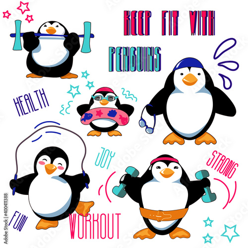 Keep fit with penguins set. Cute cartoon penguins jump, swim and train. Clipart with characters and decoration. Vector illustration.
