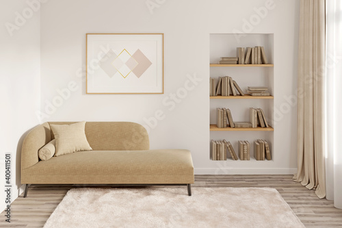 Modern room with a horizontal poster above a couch with a pillow, a niche with books, a window with curtains, a fluffy carpet on a wooden floor. Front view. 3d render photo
