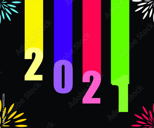 2021 poster with a colorful floral pattern at all four corners and dropping down colorful numbers. 2021 new year card for greetings and invitation cards. Vector illustration.