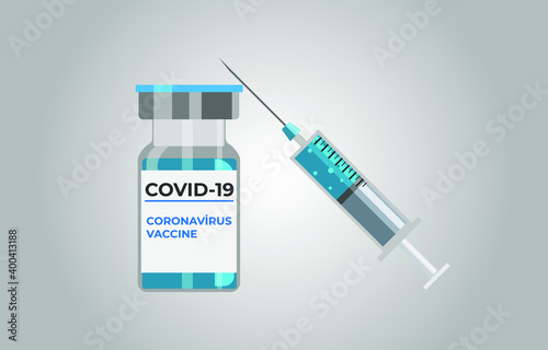 Covid-19 or coronavirus vaccine vial and syringe vector on isolated gray background. 2021 vaccine year concept. Vaccine against coronavirus for prevent infection