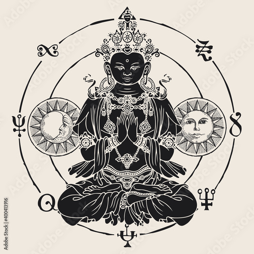 Banner with a seated Buddha meditating in the lotus position. Vector illustration of hand-drawn Buddha, Sun and Moon inside a circle in retro style. Suitable for greeting card, medallion, amulet