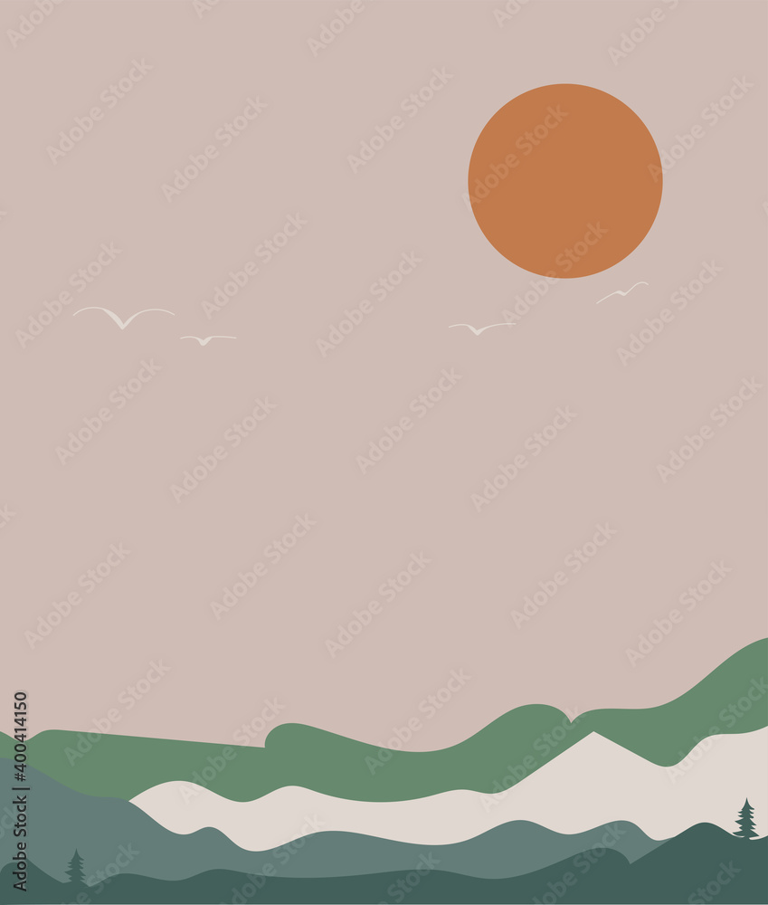 Vector illustration of a mountain landscape with forest. sunset in the mountains.